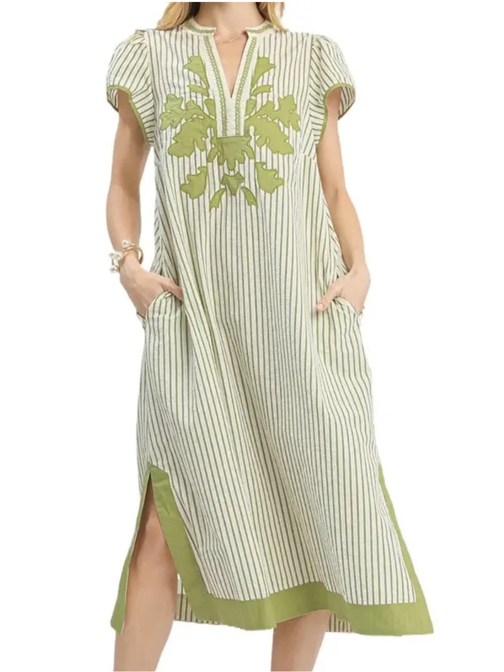 Umgee White and Green Striped Embroidered Dress